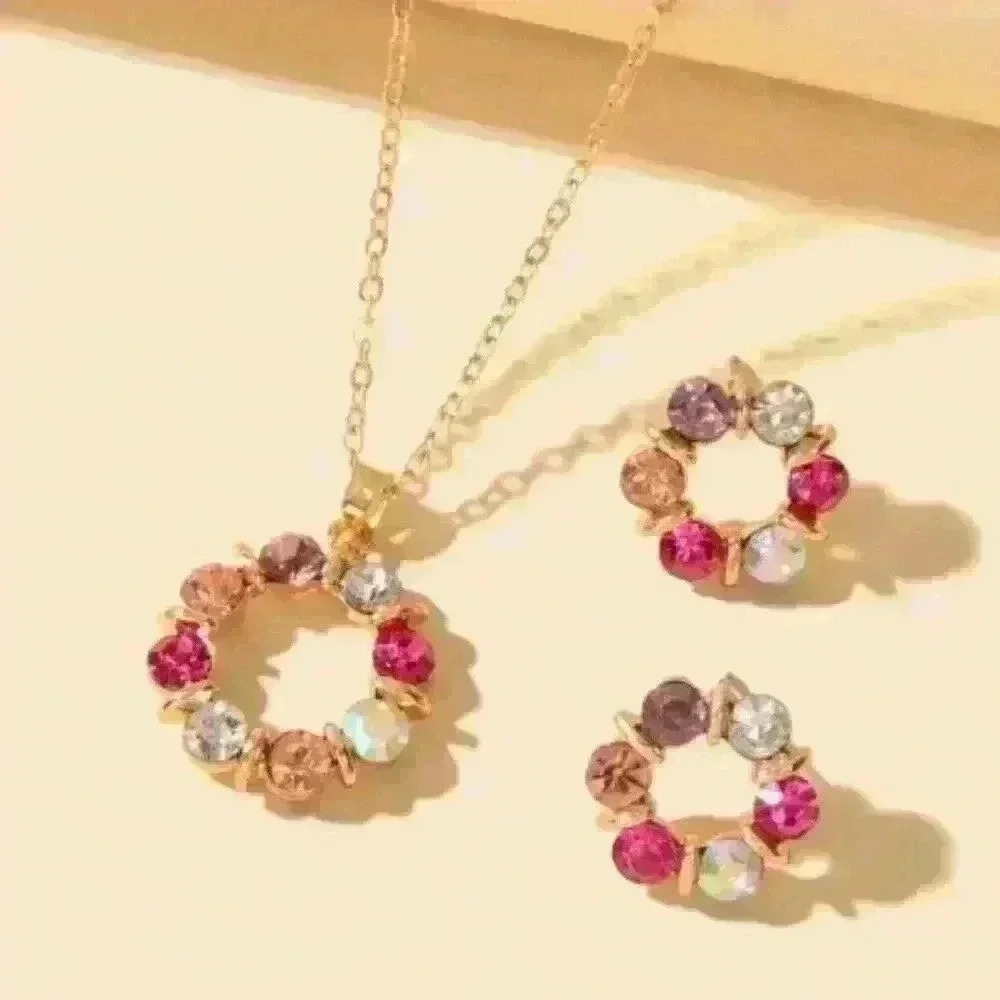 Multicolor Gemstone Circle Pendant Necklace and Earrings